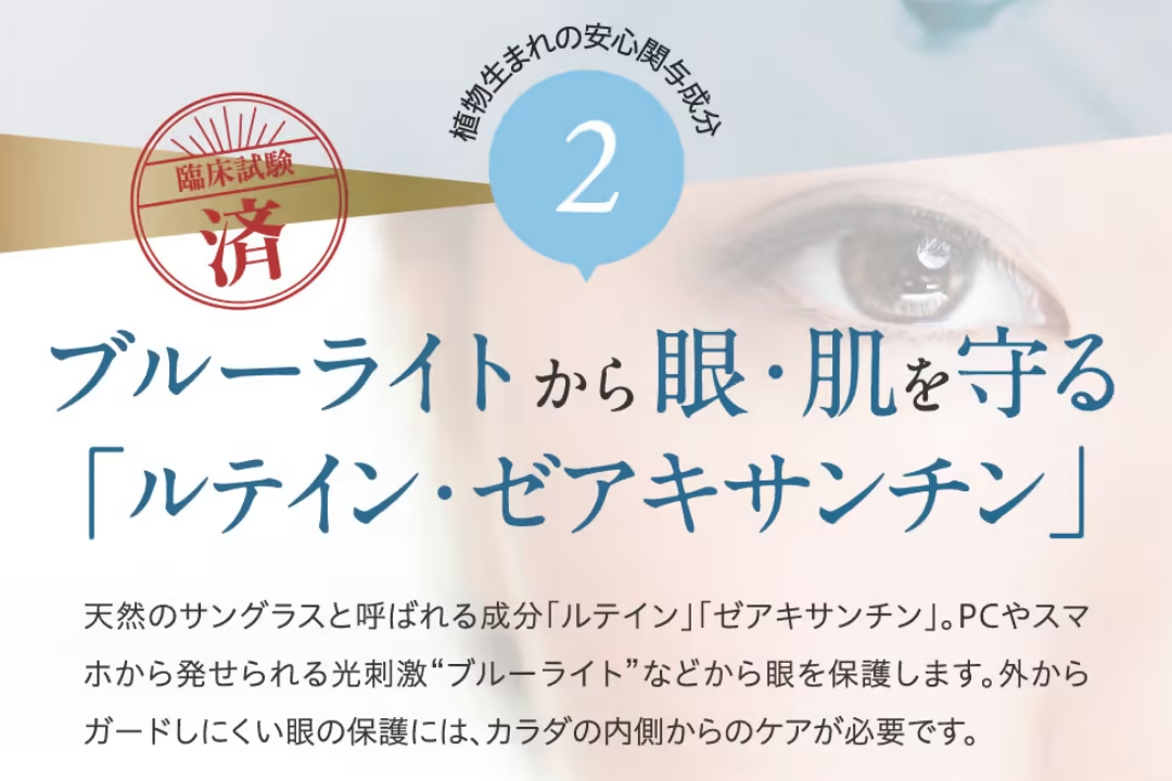 臨床試験済　植物生まれの安心関与成分　ブルーライトから眼・肌を護る「ルテイン・ゼアキサンチン」天然のサングラスと呼ばれる成分「ルテイン」「ゼアキサンチン」。PCやスマホから発せられる光刺激ブルーライトなどから眼を保護します。外からガードしにくい眼の保護には、カラダの内側からのケアが重要です。
