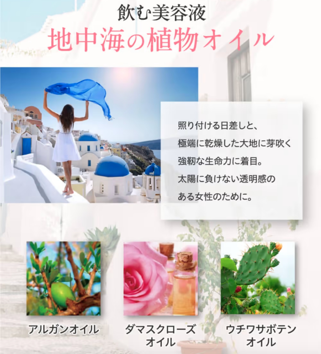 飲む美容液　地中海の植物オイル　照り付ける日差しと、極端に乾燥した大地に芽吹く強靭な生命力に着目。太陽に負けない透明感のある女性のために。　アルガンオイル　ダマスクローズオイル　ウチワサボテンオイル