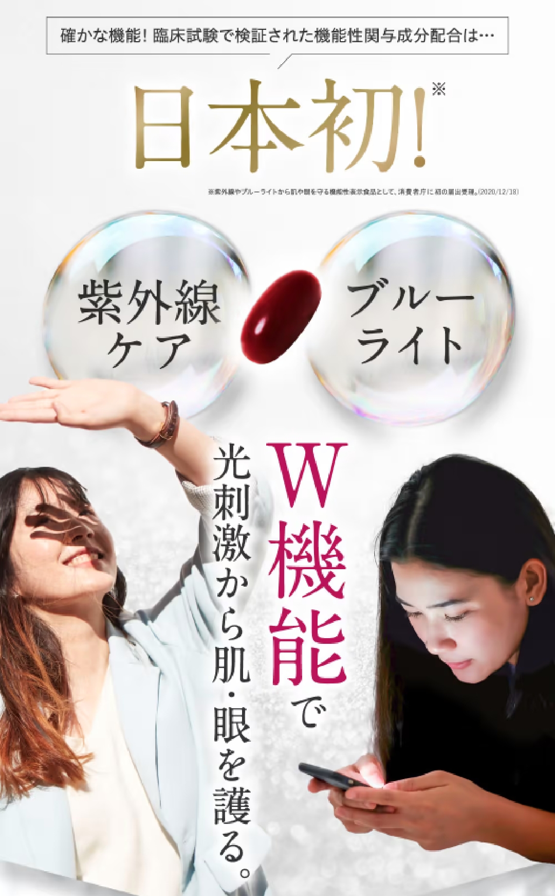 確かな機能！臨床試験で検証された機能性関与成分配合は・・・日本初*紫外線やブルーライトから肌や眼を守る機能性表示食品として、消費者庁に初の届出受理。(2020/12/18)　W機能で光刺激から肌・眼を護る。